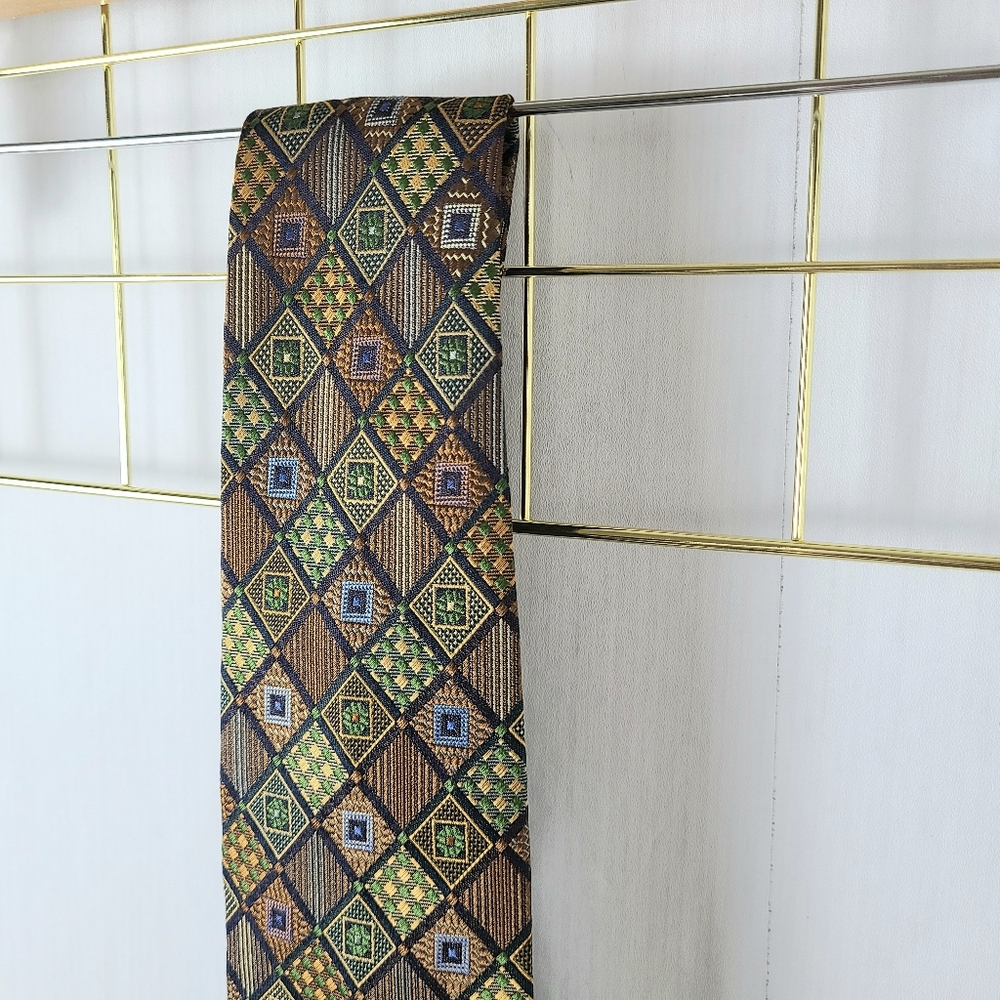 Rochas Paris Green Brown Checkered Graphic Print Woven Silk Tie - Picture 3 of 8